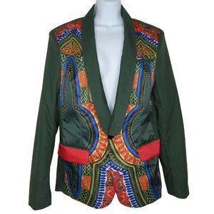 Vintage Silk Blazer Jacket Coat M Green Boho Festival Burning Man Shoulder Pads